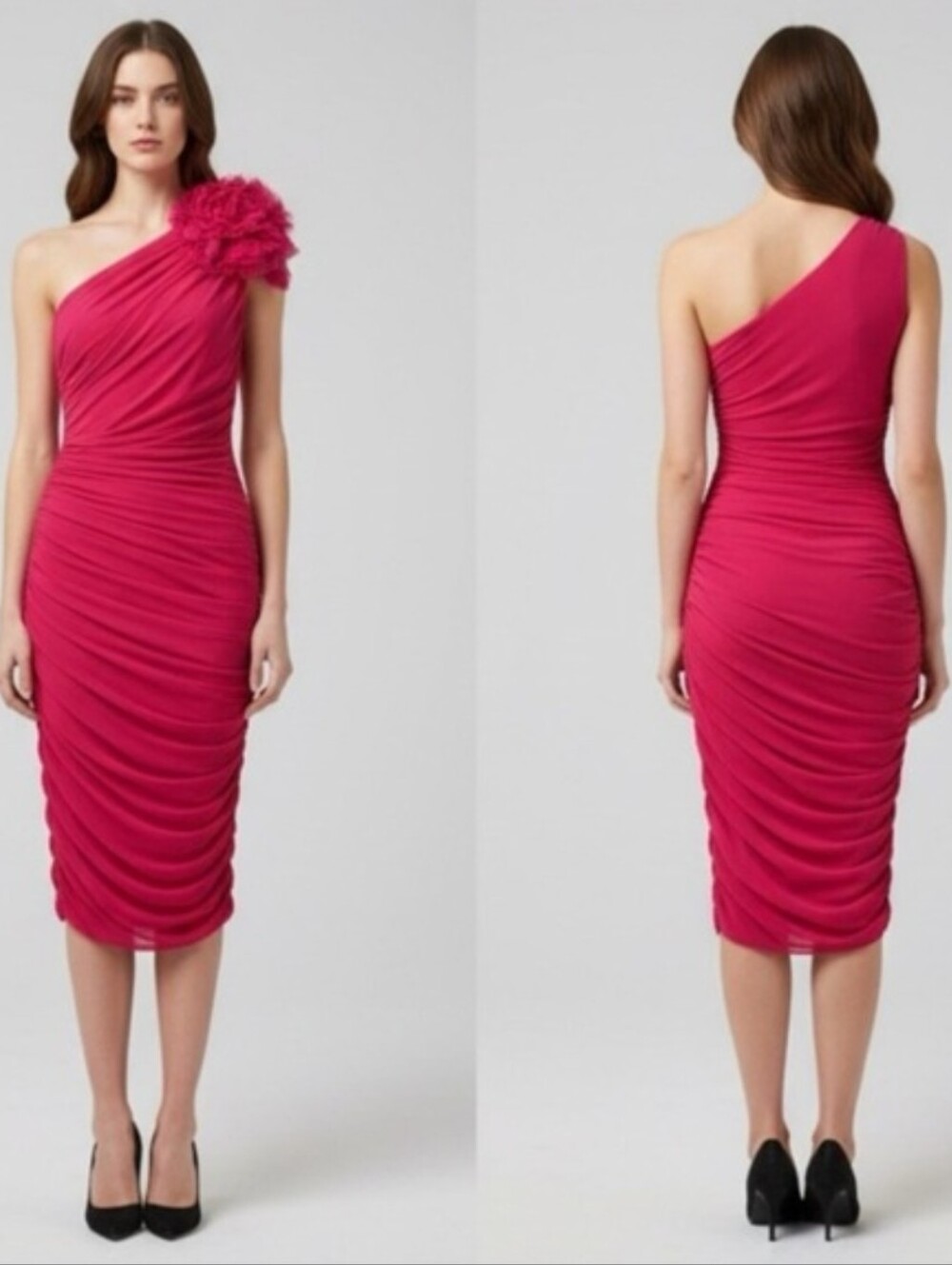 Tadashi Shoji Fuchsia Pink One‎ Shoulder Ruched  Rosette Cocktail Dress Size 12